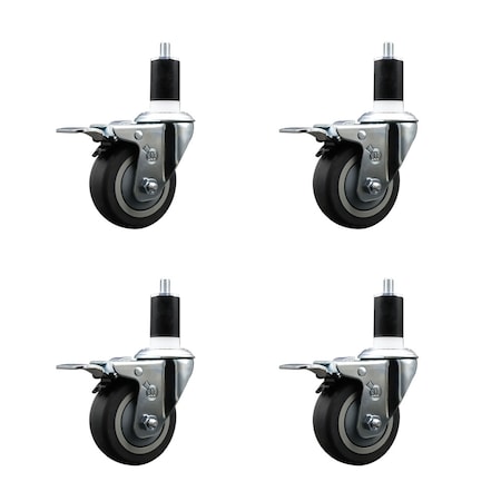 Service Caster 3.5'' SS Thermoplastic Rubber Swivel 1-1/2'' Expanding Stem Caster Set Total Lock Brake, 4PK SCC-SSEXTTL20S3514-TPRB-112-4
